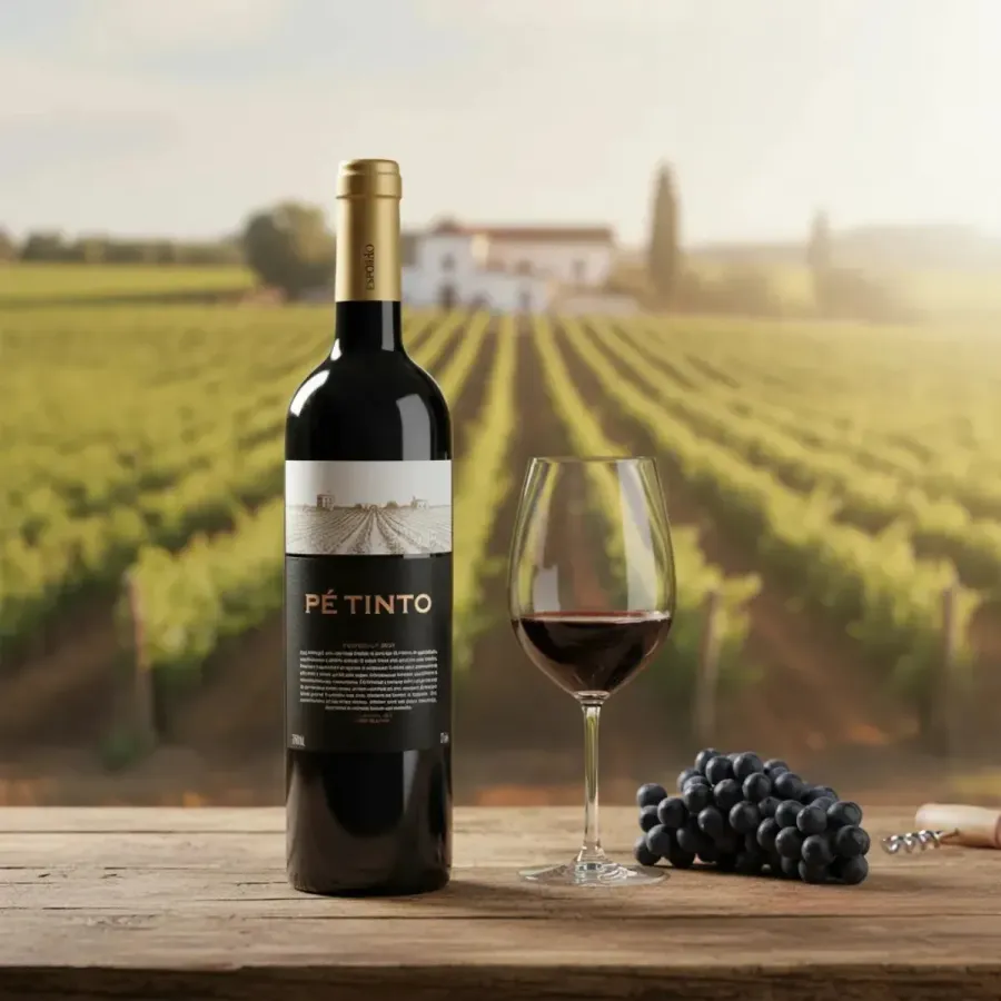 Garrafa e taça de vinho tinto com vinhedo ao fundo